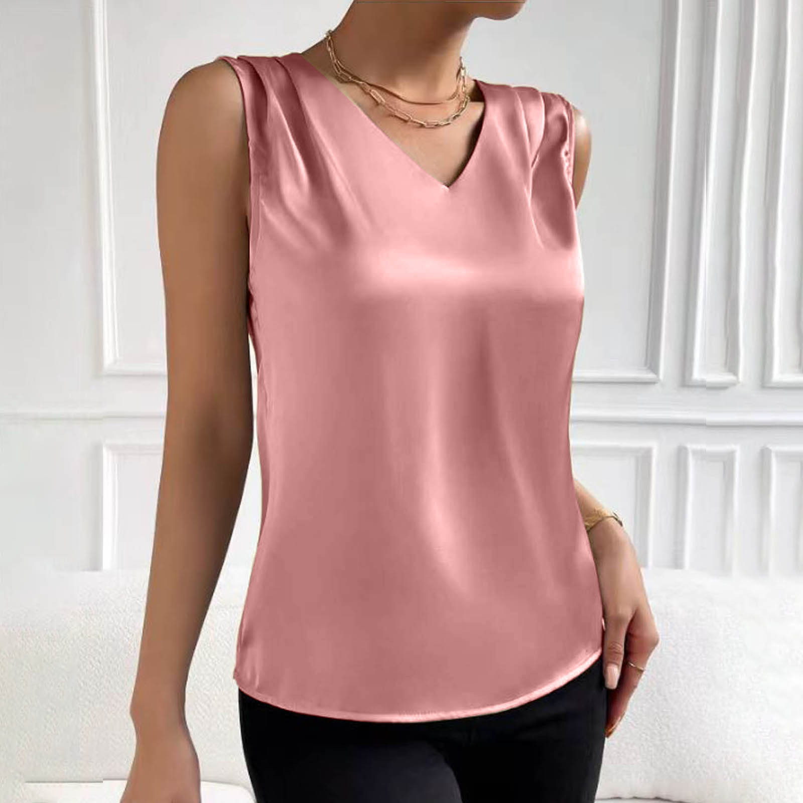 thumbnail image 3 of Top sin mangas de satén con cuello en V para mujer, para el verano, blusa informal transpirable de poliéster de color liso, 3 of 6